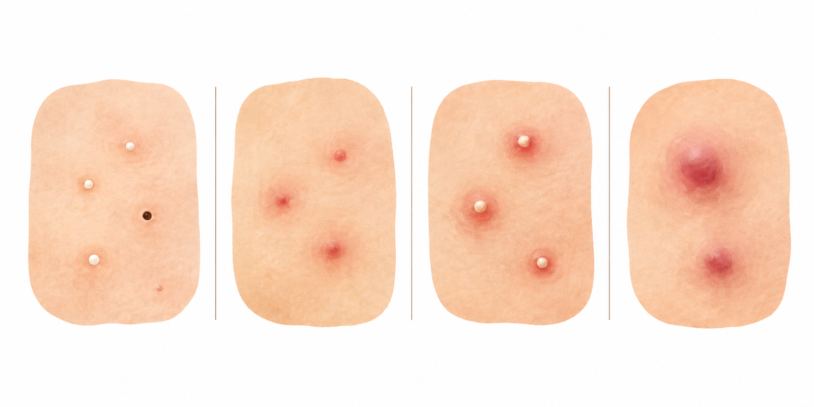 면포, 구진, 농포, 결절성 여드름을 표현한 일러스트