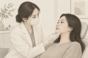 압출 전 성인 여성의 피부 상태를 살피는 의료진의 설명용 일러스트