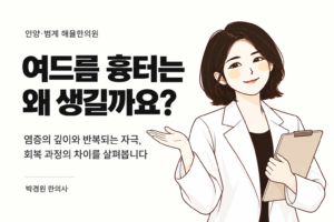 여드름 흉터는 왜 생길까요? 염증의 깊이와 반복되는 자극, 회복 과정의 차이를 소개하는 해율한의원 캐릭터 썸네일