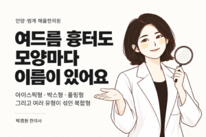 여드름 흉터도 모양마다 이름이 있어요 — 아이스픽형·박스형·롤링형·복합형을 소개하는 해율한의원 캐릭터 썸네일