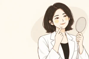 거울로 턱 부위를 살피는 성인 여성의 설명용 일러스트