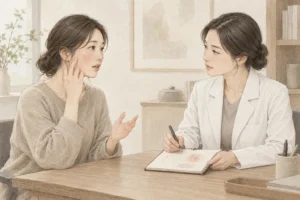 반복되는 피부 증상을 의료진과 상담하는 장면의 설명용 일러스트