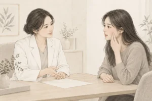 민감하고 붉은 피부의 불편을 설명하는 성인 여성과 이야기를 듣는 의료진의 상담 일러스트