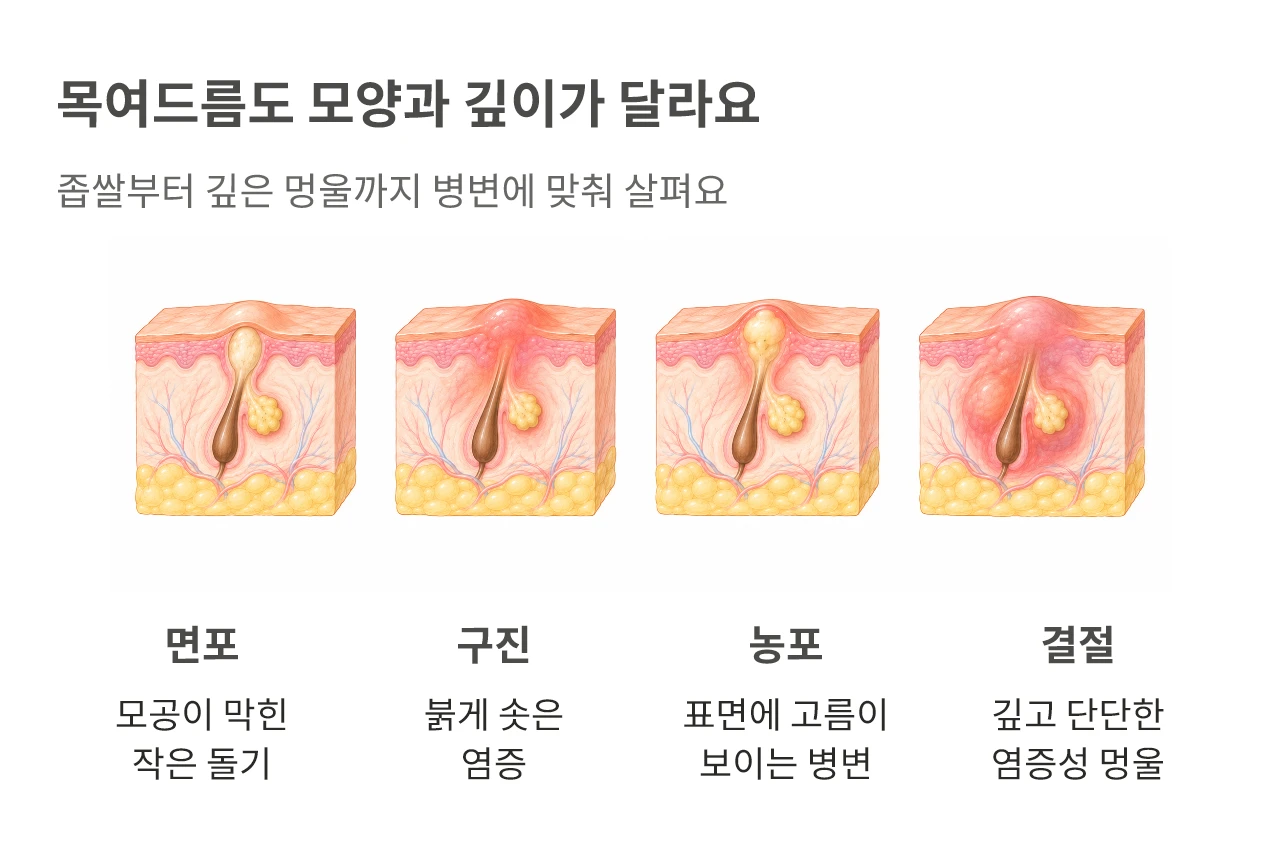 목여드름도 모양과 깊이가 달라요. 좁쌀부터 깊은 멍울까지 병변에 맞춰 살펴요