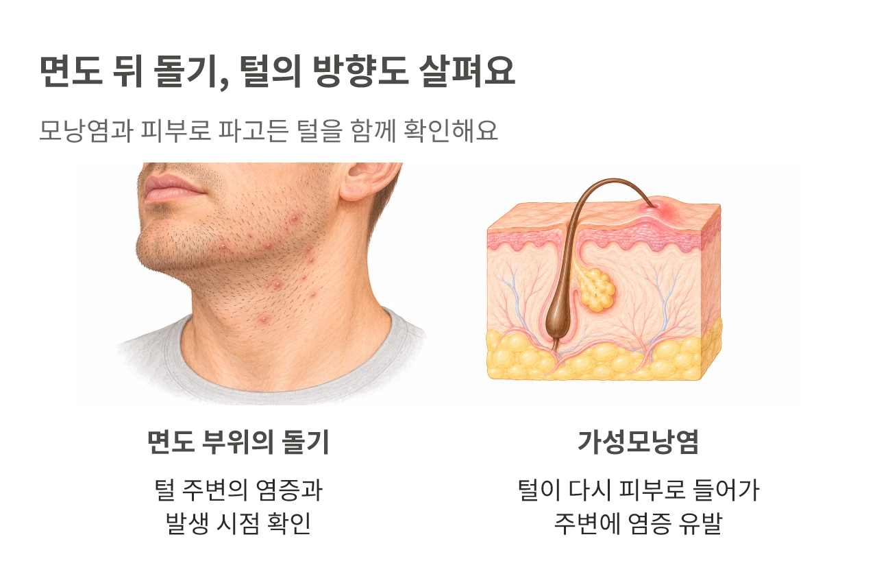 면도 뒤 돌기, 털의 방향도 살펴요. 모낭염과 피부로 파고든 털을 함께 확인해요