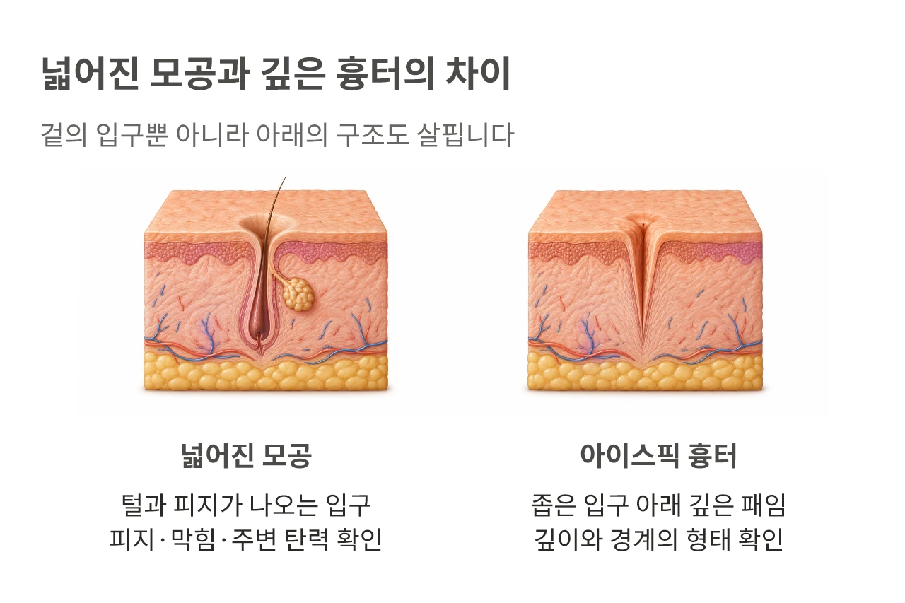 넓어진 모공과 깊은 흉터의 차이. 겉의 입구뿐 아니라 아래의 구조도 살핍니다