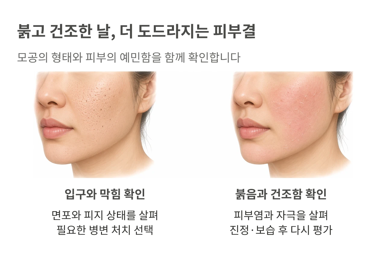 붉고 건조한 날, 더 도드라지는 피부결. 모공의 형태와 피부의 예민함을 함께 확인합니다