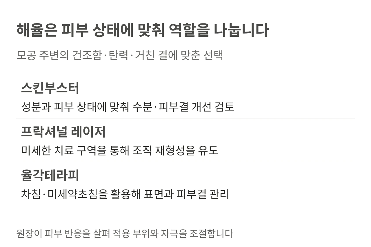 해율은 피부 상태에 맞춰 역할을 나눕니다. 모공 주변의 건조함·탄력·거친 결에 맞춘 선택