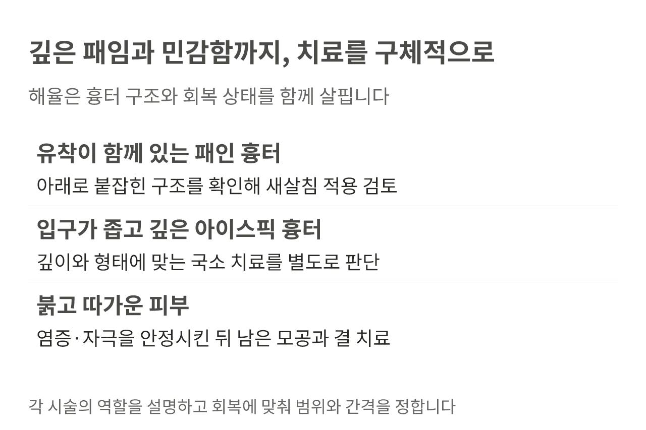 깊은 패임과 민감함까지, 치료를 구체적으로. 해율은 흉터 구조와 회복 상태를 함께 살핍니다
