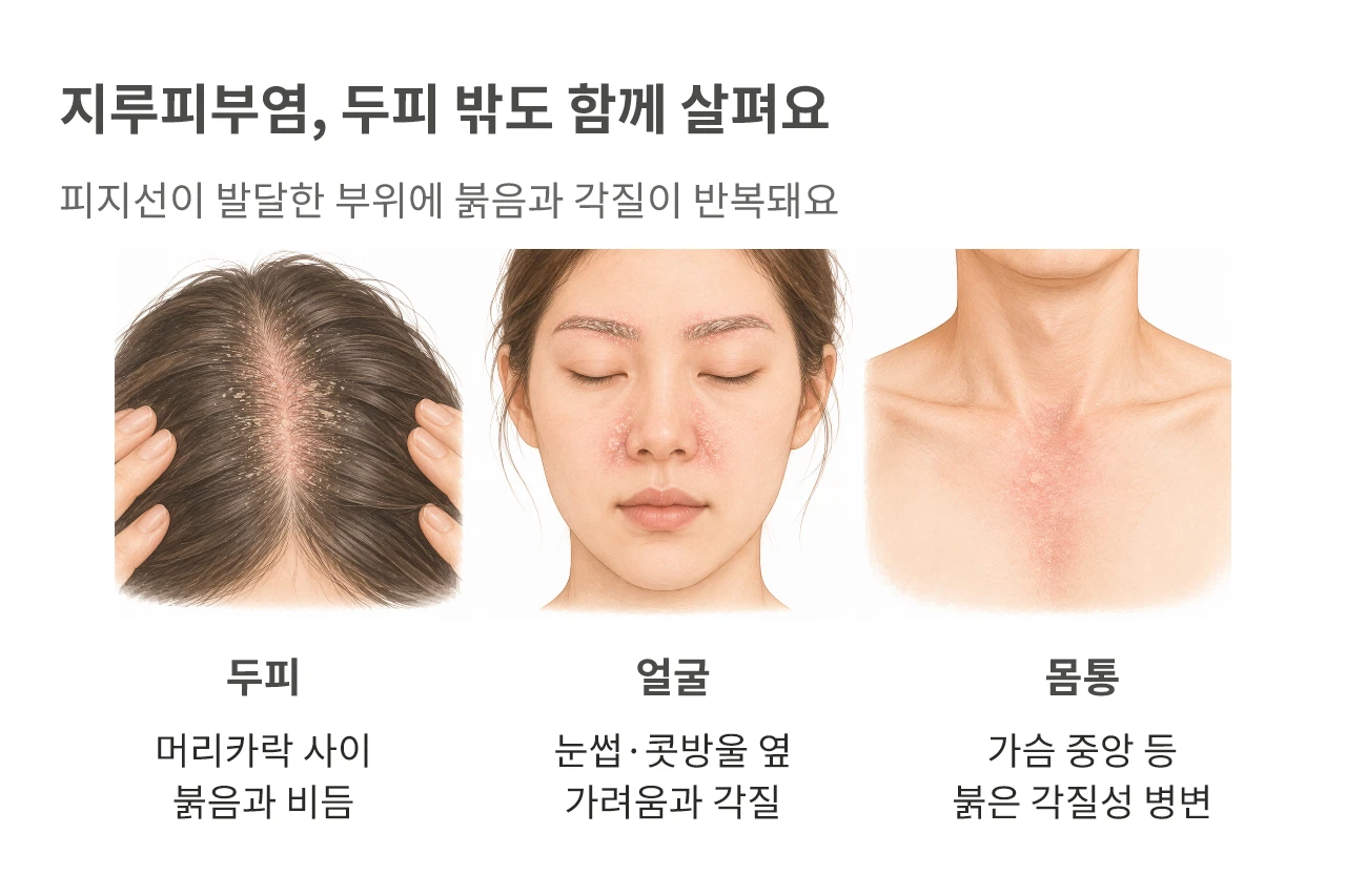 지루피부염, 두피 밖도 함께 살펴요. 피지선이 발달한 부위에 붉음과 각질이 반복돼요