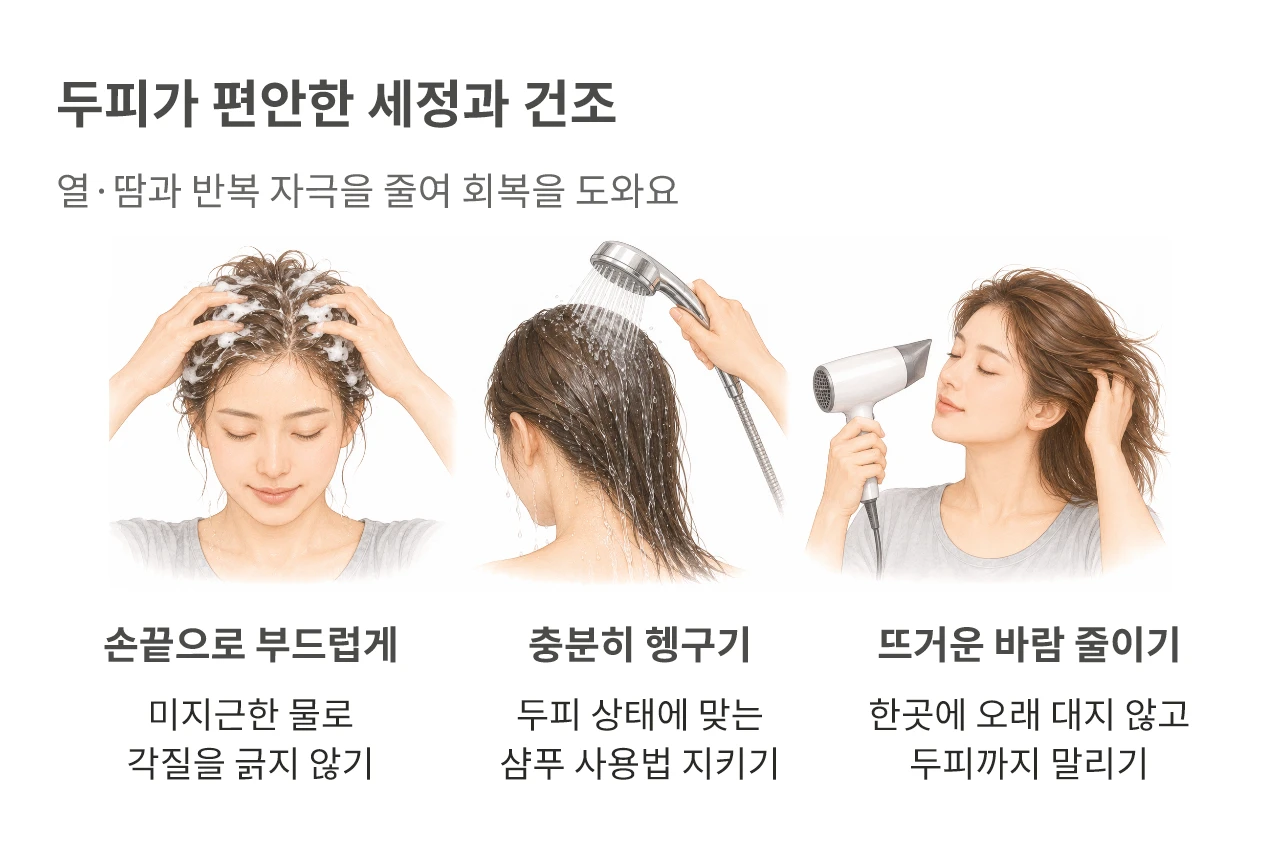 두피가 편안한 세정과 건조. 열·땀과 반복 자극을 줄여 회복을 도와요
