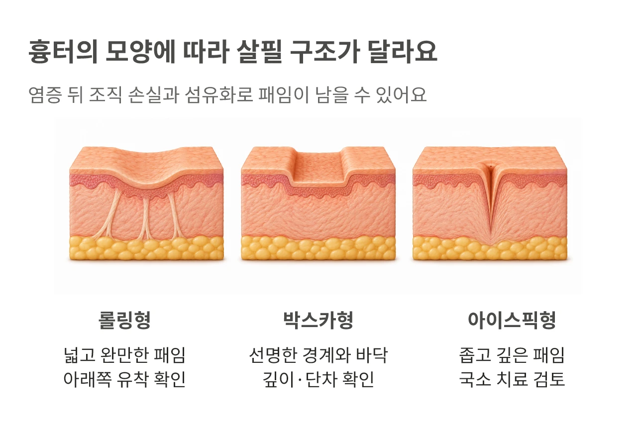 흉터의 모양에 따라 살필 구조가 달라요. 염증 뒤 조직 손실과 섬유화로 패임이 남을 수 있어요