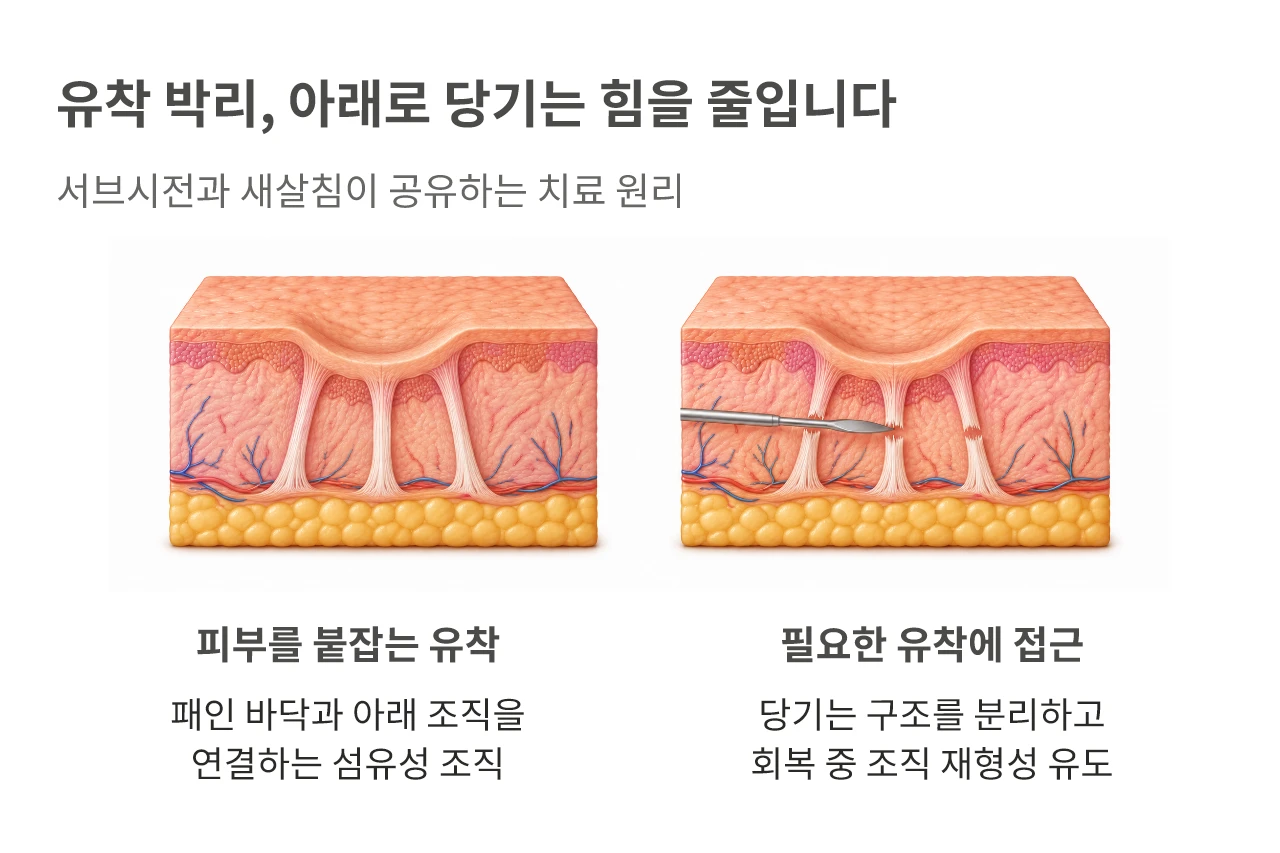 유착 박리, 아래로 당기는 힘을 줄입니다. 서브시전과 새살침이 공유하는 치료 원리