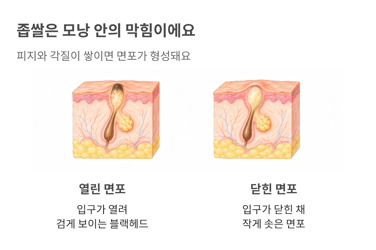 좁쌀은 모낭 안의 막힘이에요. 피지와 각질이 쌓이면 면포가 형성돼요
