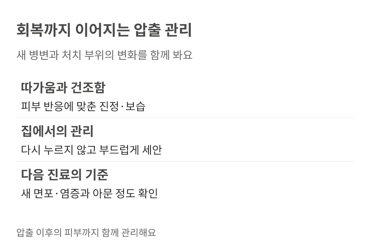 회복까지 이어지는 압출 관리. 새 병변과 처치 부위의 변화를 함께 봐요
