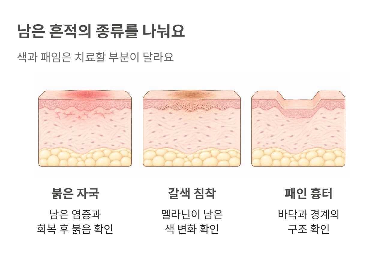 남은 흔적의 종류를 나눠요. 색과 패임은 치료할 부분이 달라요