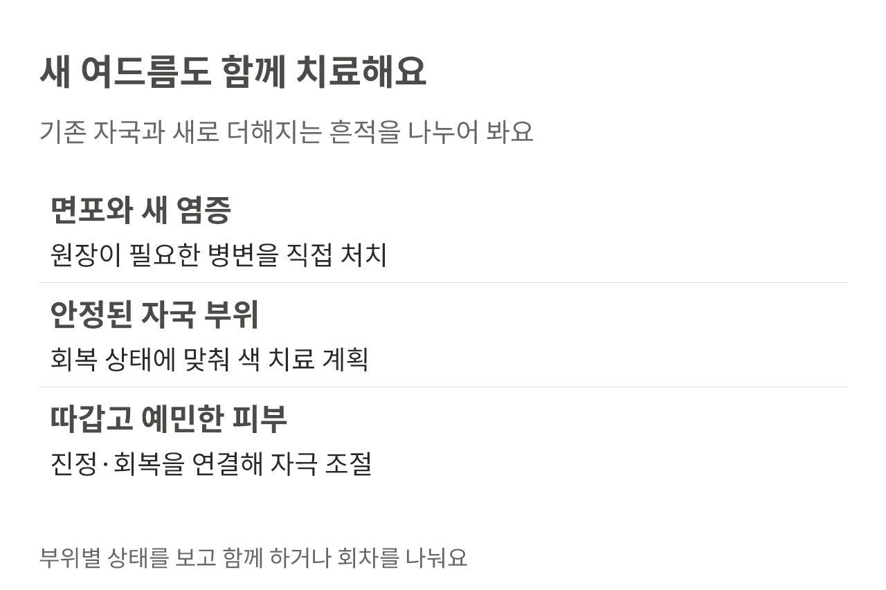 새 여드름도 함께 치료해요. 기존 자국과 새로 더해지는 흔적을 나누어 봐요