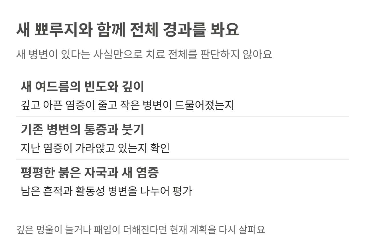 새 병변의 빈도와 깊이, 기존 병변의 통증과 붓기, 붉은 자국을 나누어 보는 기준