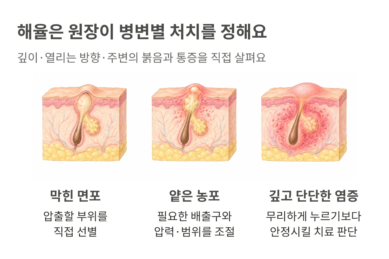 해율 안양점 원장이 면포와 얕은 농포, 깊은 염증에 맞춰 처치를 정하는 과정