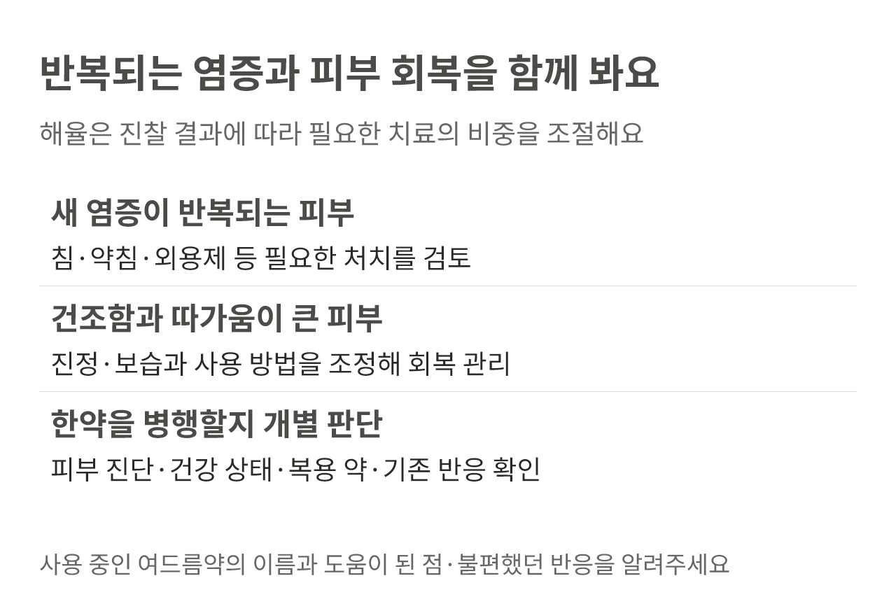 반복 염증과 건조함·따가움에 맞춘 치료 및 개별적인 한약 병행 판단