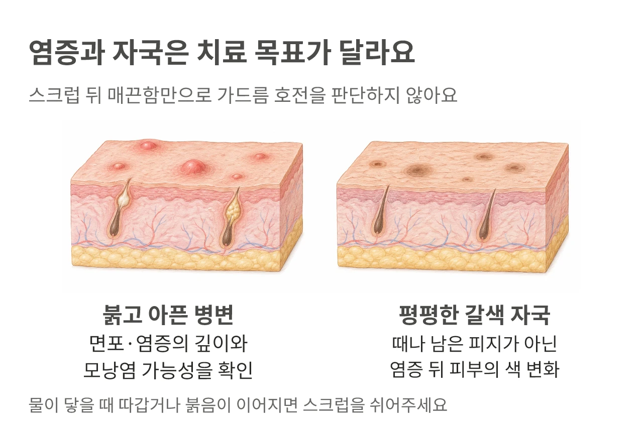 붉은 염증과 평평한 갈색 자국을 나누어 치료 목표를 정하는 기준