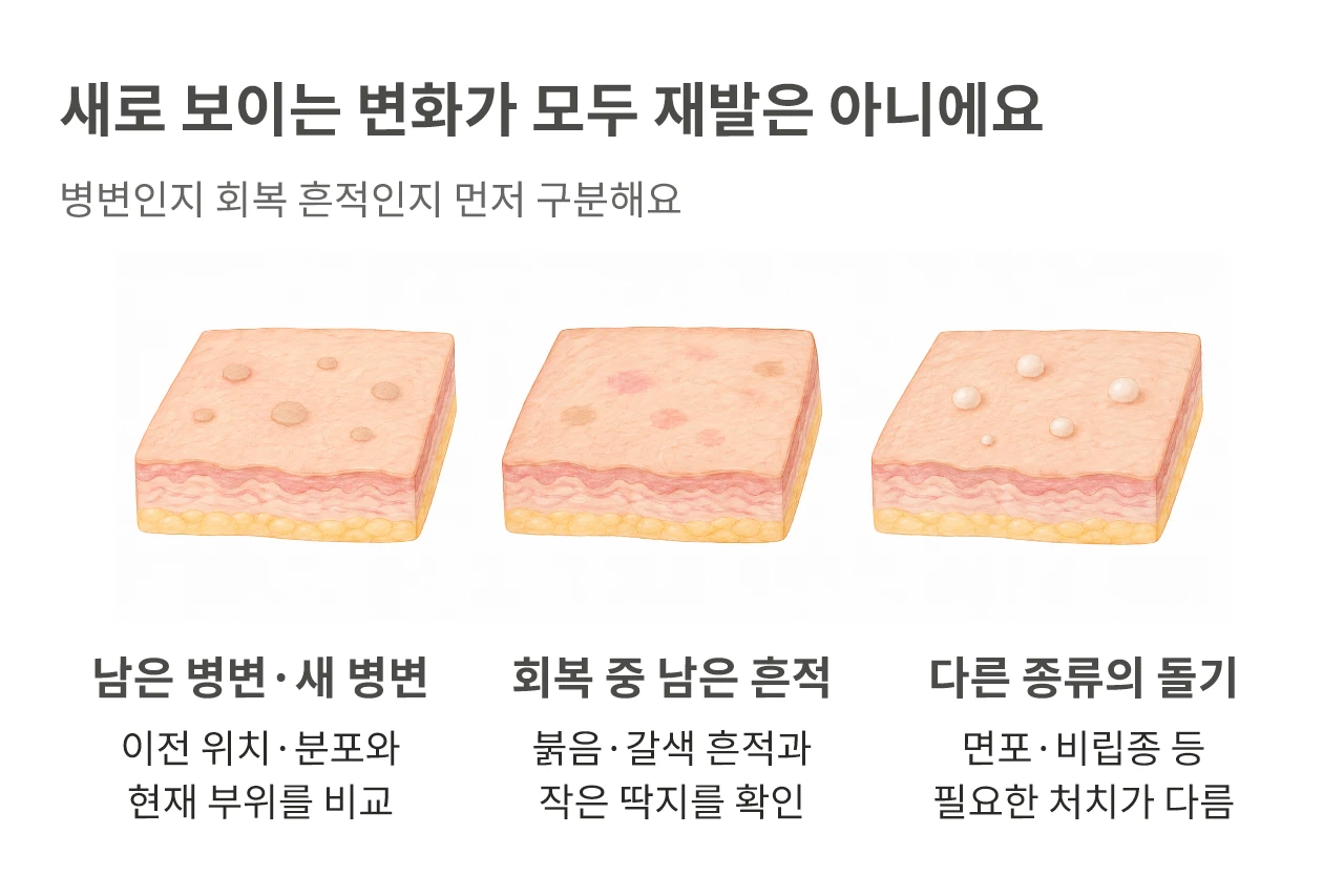 남은 병변·새 병변, 회복 흔적, 다른 종류의 돌기를 구분하는 재진 기준