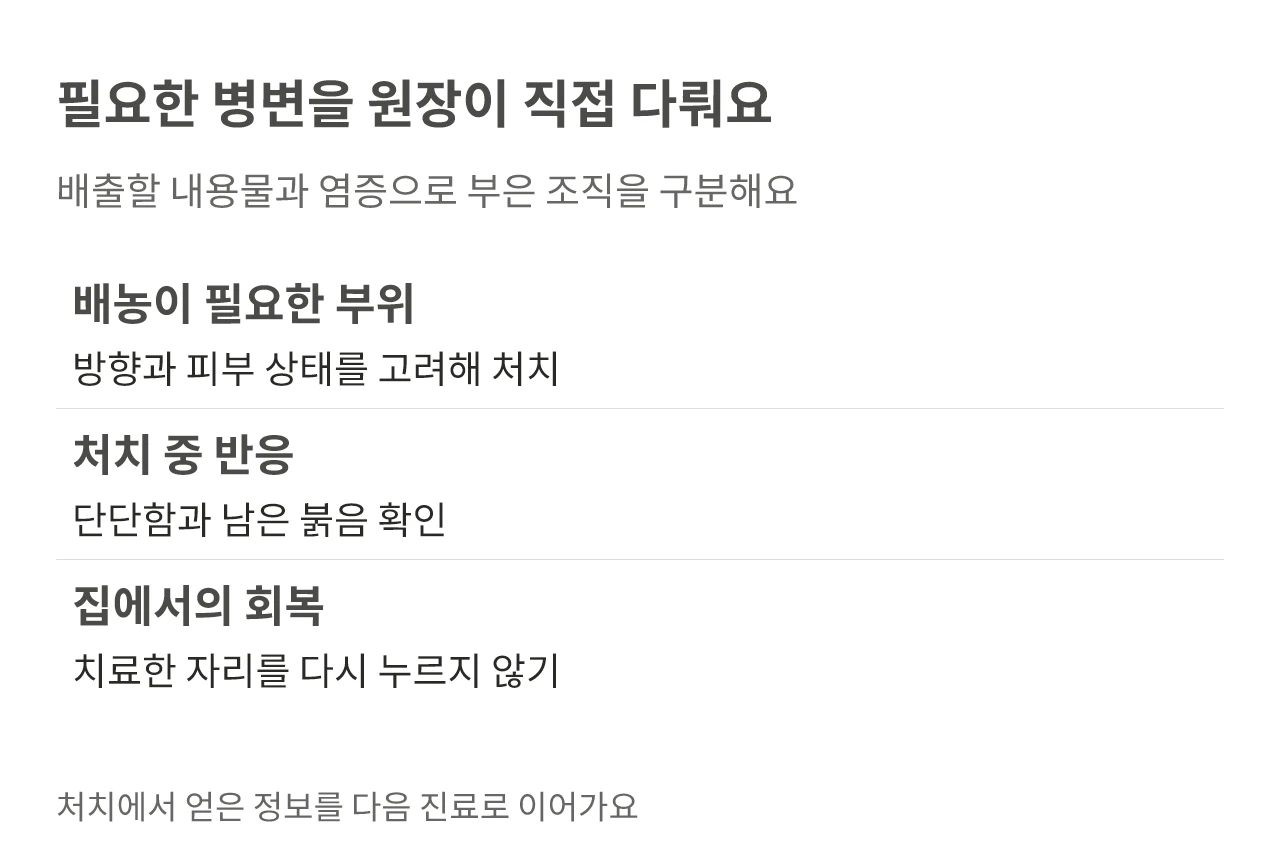 필요한 병변을 원장이 직접 다뤄요. 배출할 내용물과 염증으로 부은 조직을 구분해요