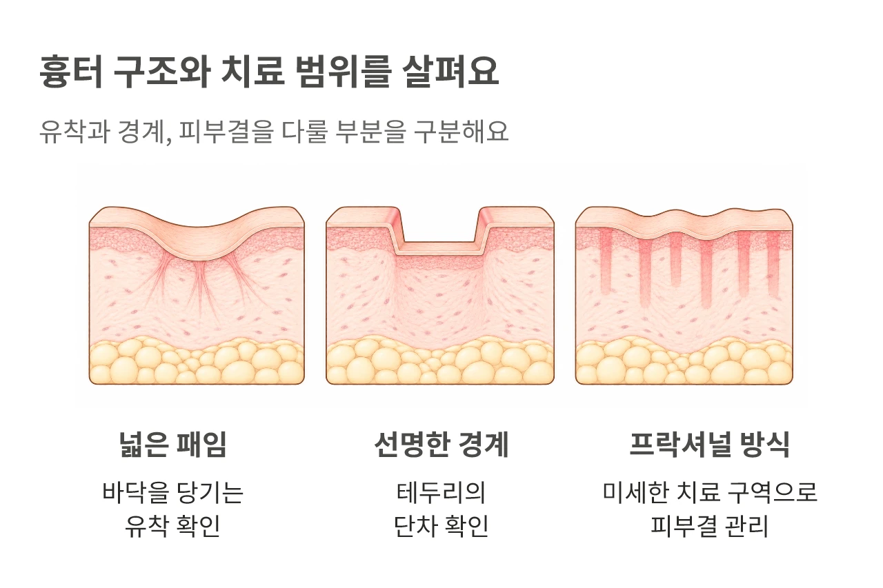 흉터 구조와 치료 범위를 살펴요. 유착과 경계, 피부결을 다룰 부분을 구분해요