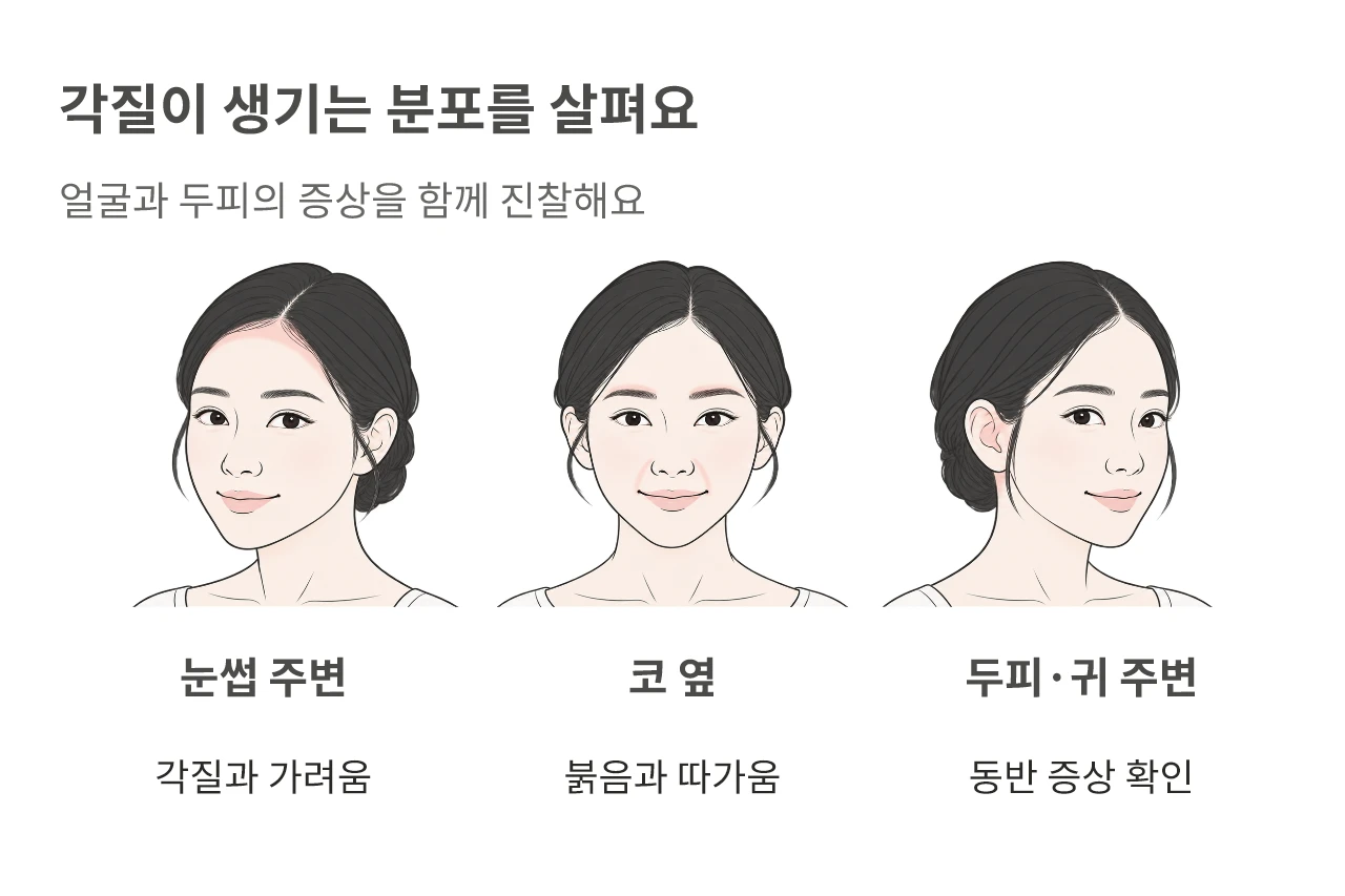 각질이 생기는 분포를 살펴요. 얼굴과 두피의 증상을 함께 진찰해요