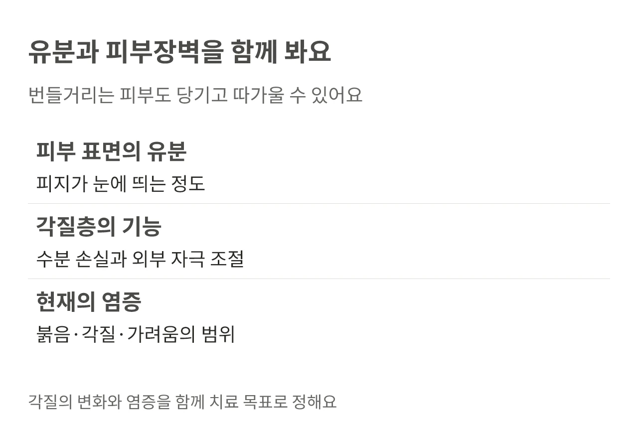 유분과 피부장벽을 함께 봐요. 번들거리는 피부도 당기고 따가울 수 있어요