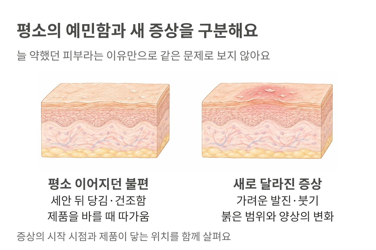 평소의 건조함과 따가움, 새로 생긴 가려운 발진과 붓기를 구분하는 기준