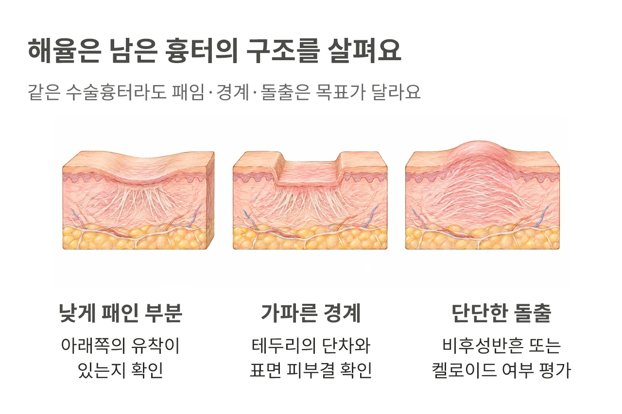 패인 부위의 유착 여부, 가파른 경계, 단단하게 돌출된 흉터의 구분