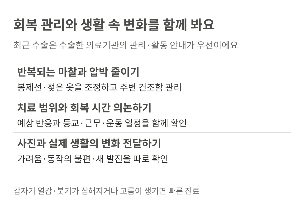 마찰과 압박 조정, 회복 일정, 외관과 생활 속 불편의 경과 확인