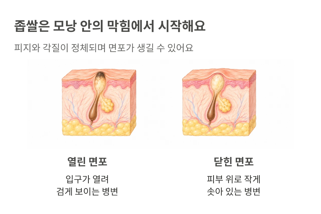 좁쌀은 모낭 안의 막힘에서 시작해요. 피지와 각질이 정체되며 면포가 생길 수 있어요