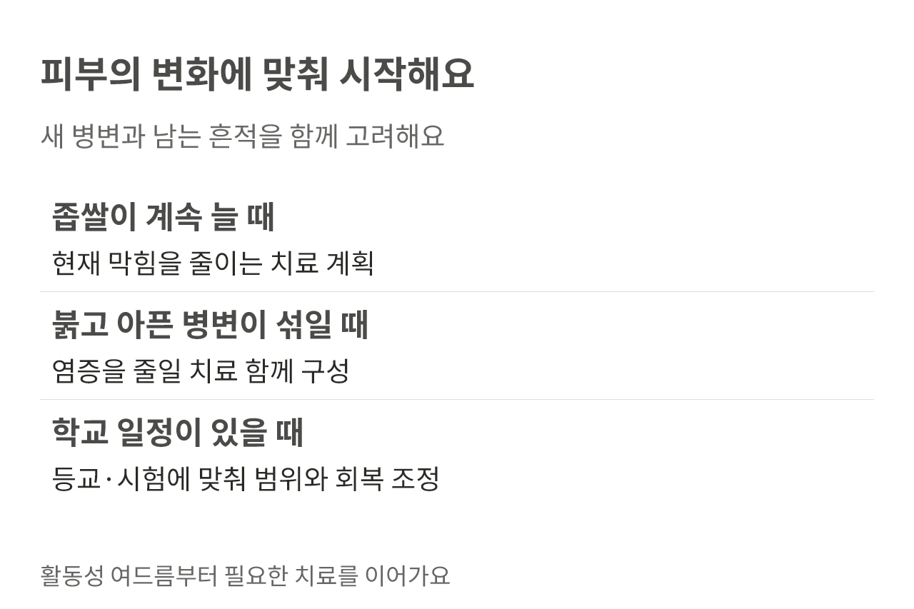 피부의 변화에 맞춰 시작해요. 새 병변과 남는 흔적을 함께 고려해요
