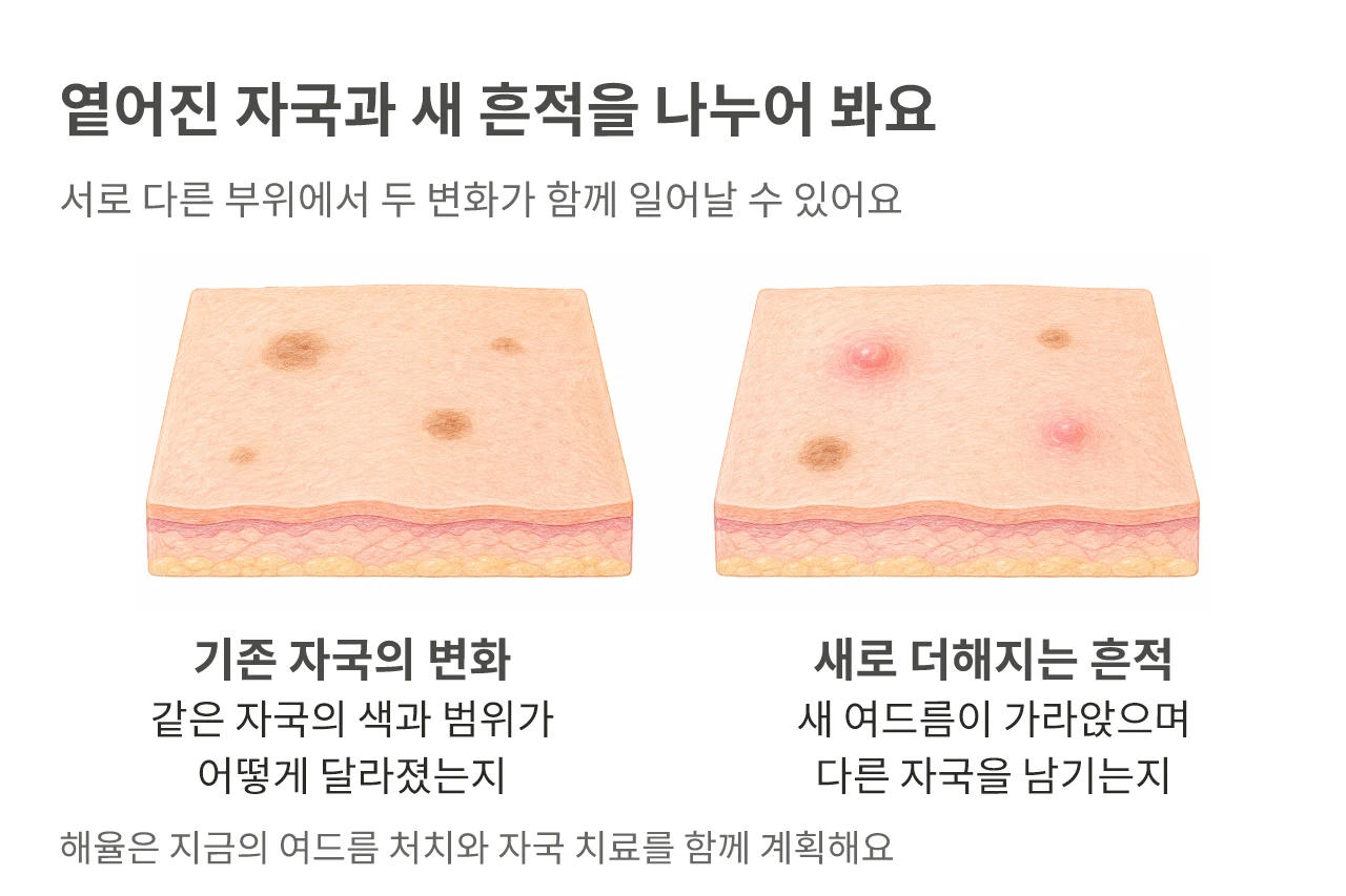 기존 갈색 자국의 변화와 다른 부위의 새 염증 및 흔적을 함께 살피는 기준
