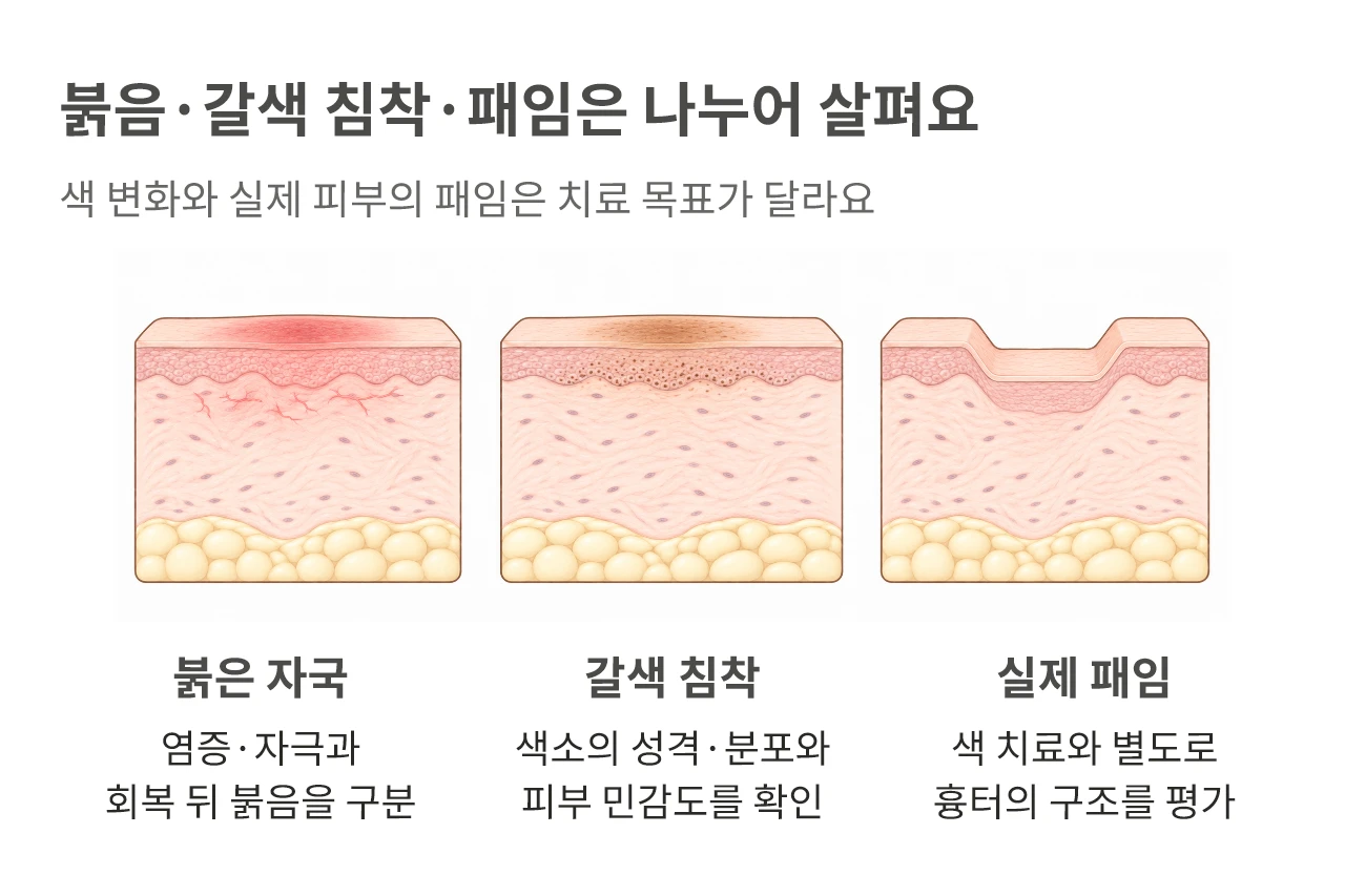 붉은 자국, 갈색 색소침착, 실제 패인 흉터의 구조 비교