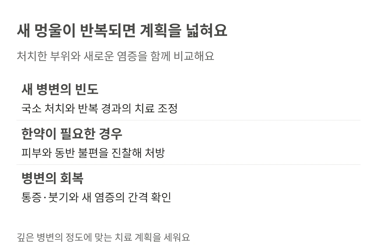 새 멍울이 반복되면 계획을 넓혀요. 처치한 부위와 새로운 염증을 함께 비교해요
