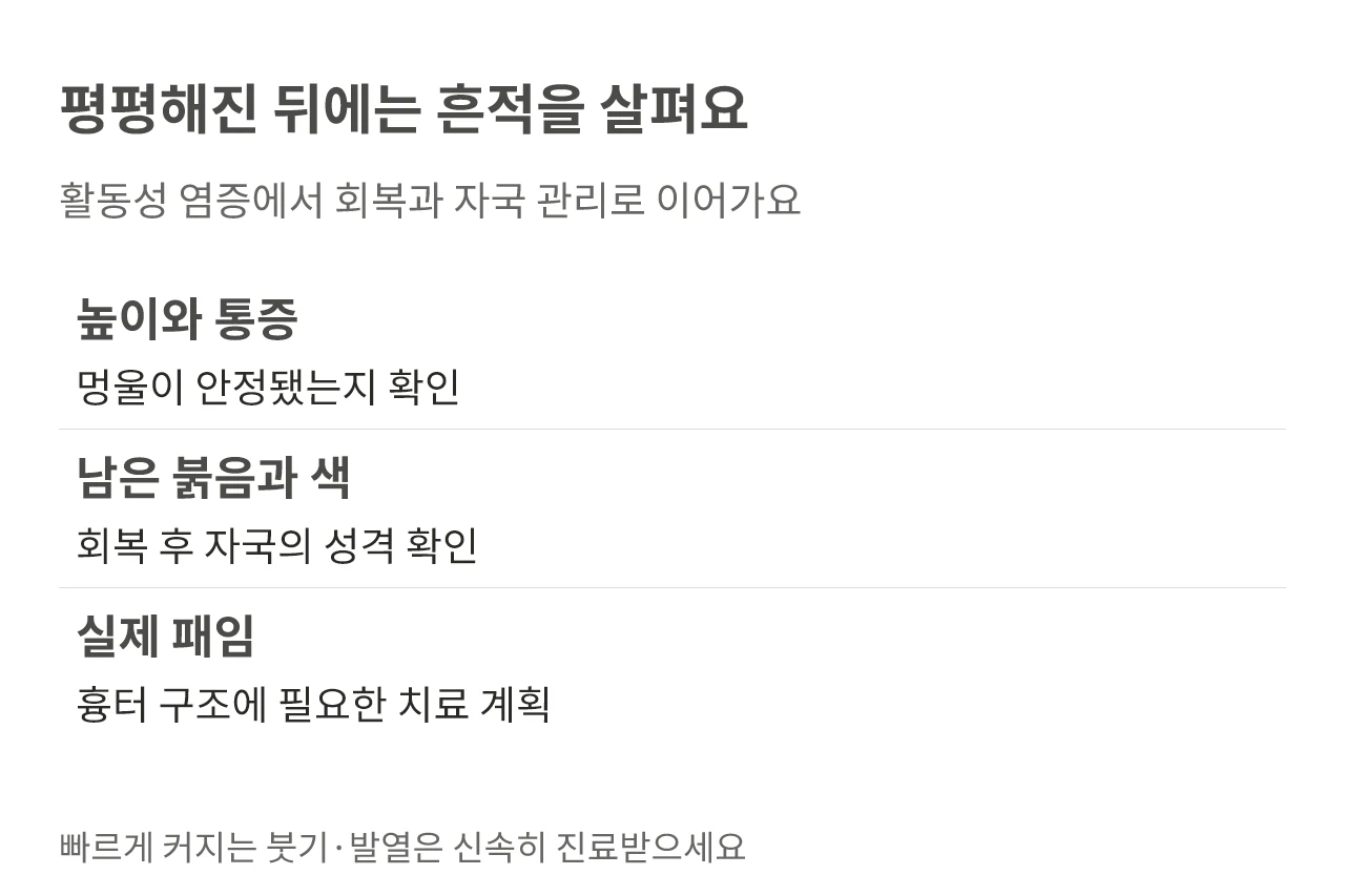 평평해진 뒤에는 흔적을 살펴요. 활동성 염증에서 회복과 자국 관리로 이어가요