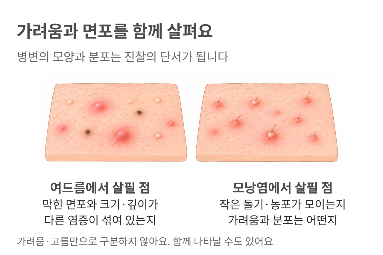 여드름과 모낭염을 구분할 때 면포, 염증의 크기, 가려움과 분포를 함께 살피는 기준