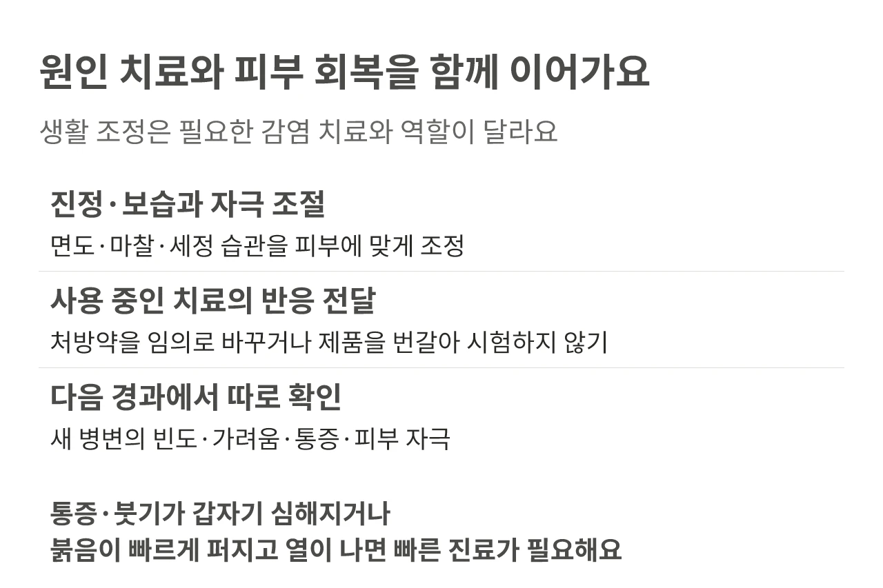 진정·보습, 사용 중인 치료 반응 전달, 새 병변과 증상 확인 및 빠른 진료가 필요한 변화