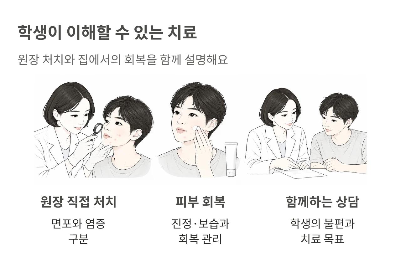 학생이 이해할 수 있는 치료. 원장 처치와 집에서의 회복을 함께 설명해요