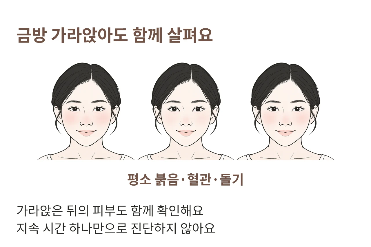 붉음이 반복되고 가라앉는 얼굴 상태를 보여 주는 설명용 그림