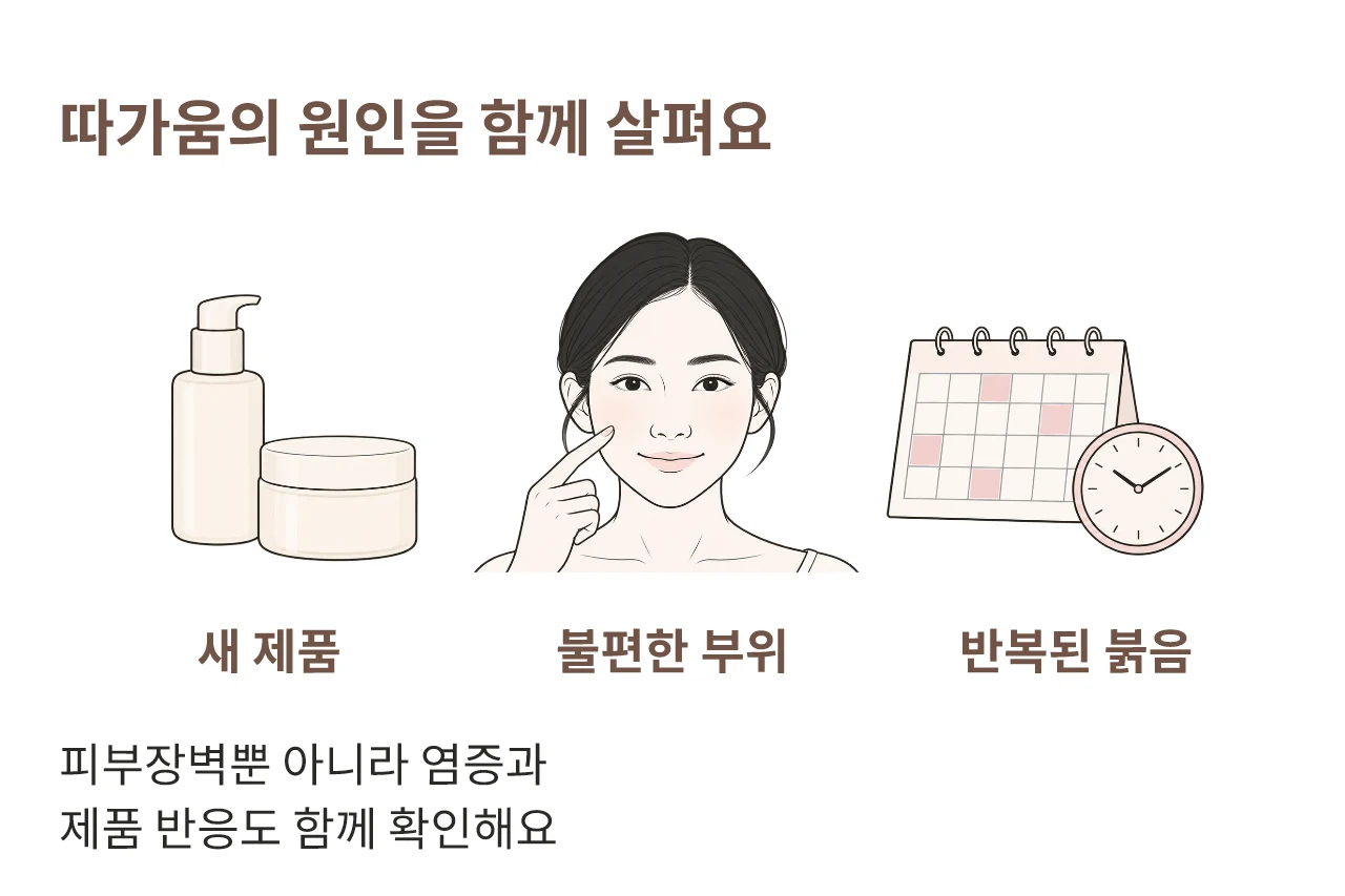 최근 제품과 불편한 부위, 반복된 피부 증상을 살펴보는 설명용 그림