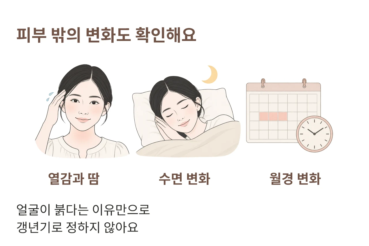 열감과 땀, 수면 및 월경의 변화를 살펴보는 설명용 그림