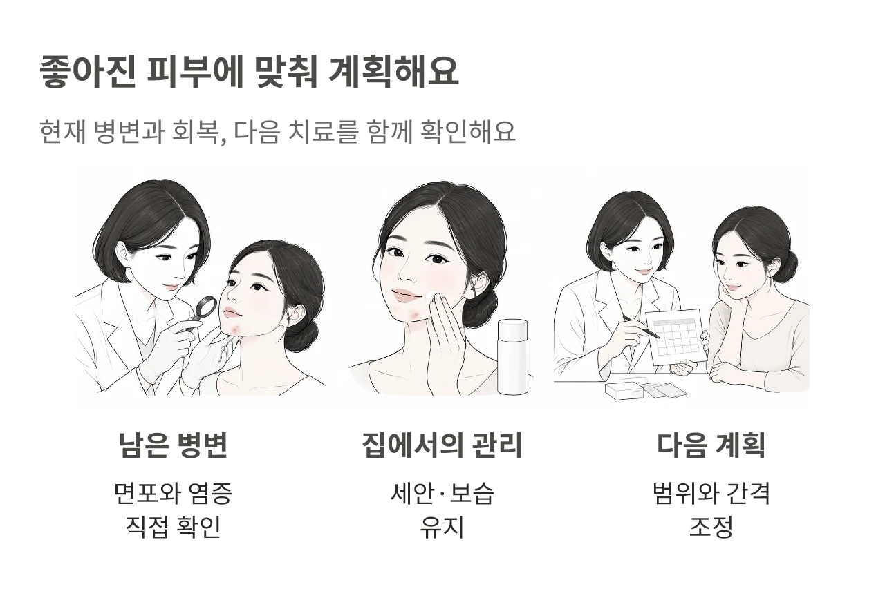 좋아진 피부에 맞춰 계획해요. 현재 병변과 회복, 다음 치료를 함께 확인해요