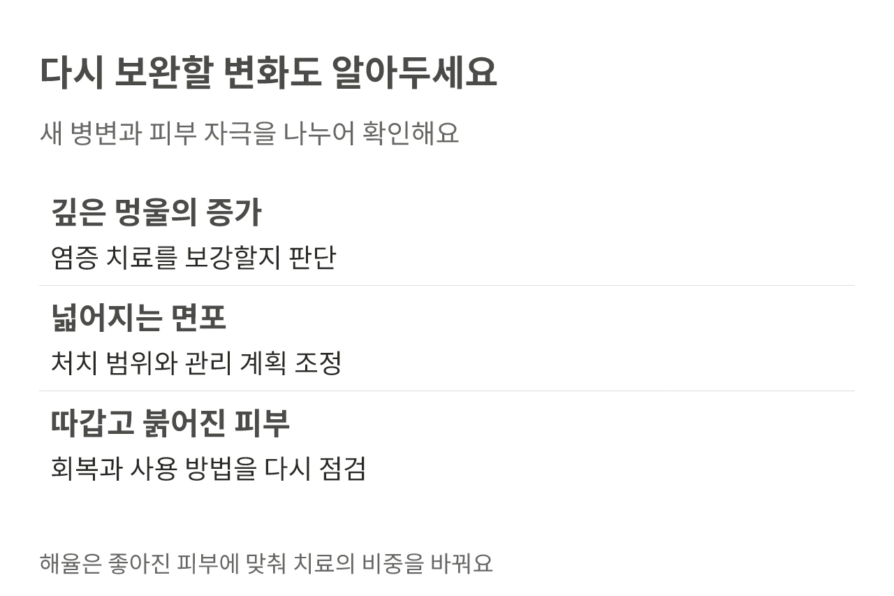 다시 보완할 변화도 알아두세요. 새 병변과 피부 자극을 나누어 확인해요