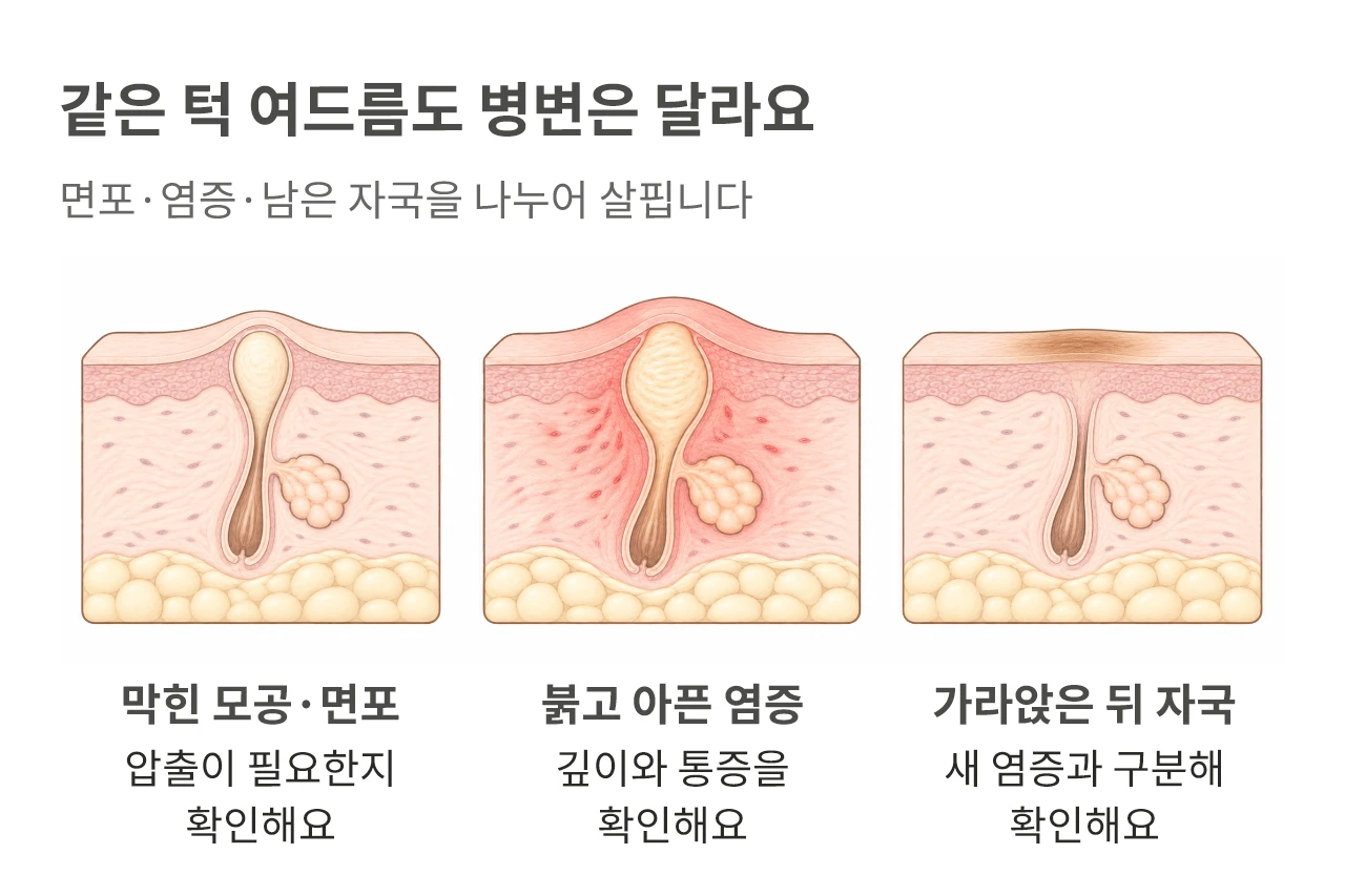 면포·염증성 병변·평평한 갈색 자국의 피부 단면 비교