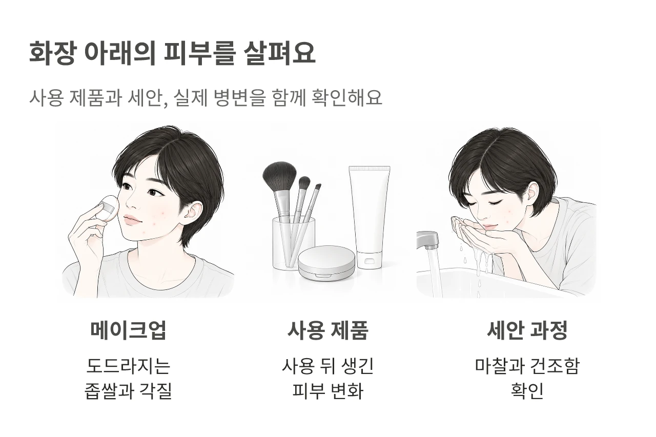 화장 아래의 피부를 살펴요. 사용 제품과 세안, 실제 병변을 함께 확인해요