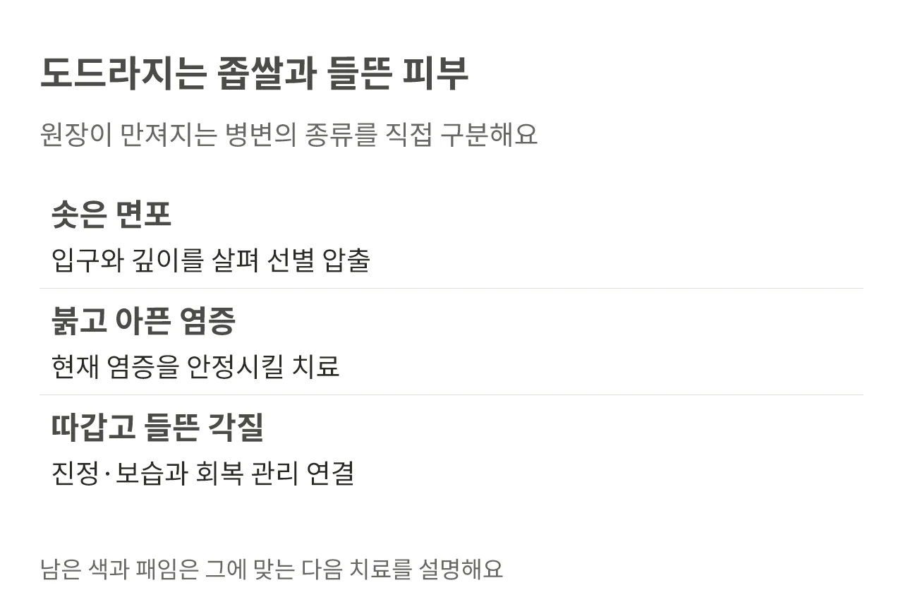 도드라지는 좁쌀과 들뜬 피부. 원장이 만져지는 병변의 종류를 직접 구분해요